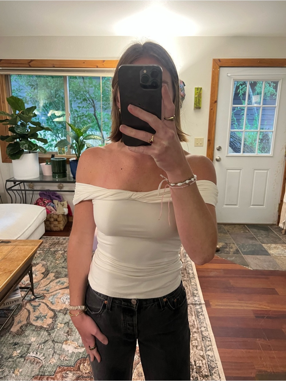 Abercrombie & Fitch Off-Shoulder Cream Twist-Front Top